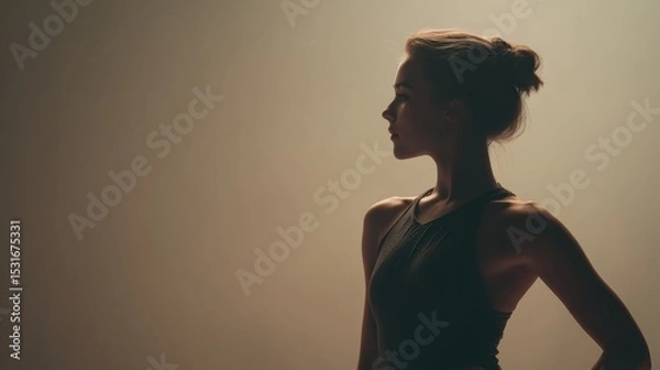 Fototapeta Profile of a young graceful ballerina posing with hand on hip, illuminated by soft light against a neutral background, creating a serene and artistic atmosphere