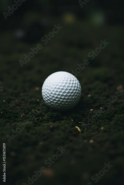 Fototapeta A single golf ball rests on the green grass of the putting course field