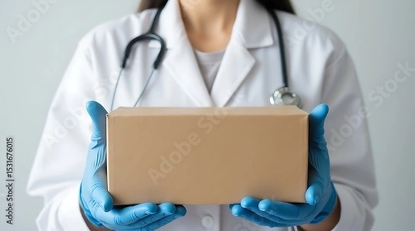 Fototapeta Doctor holding a package with gloves and stethoscope in a white background
