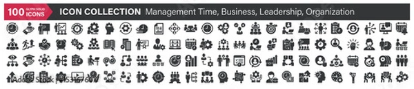 Fototapeta Big icons collection. Containing Management time, Business, Leadership, Organization. Glyph solid style series icon