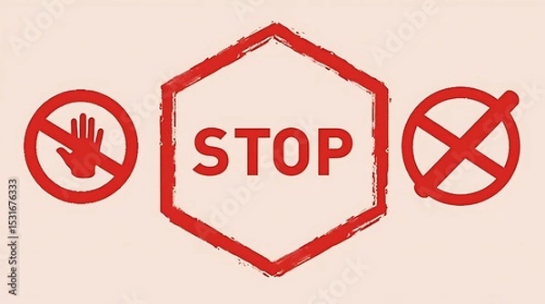 Fototapeta Red stop signs with hand and cross symbol in hexagon shape illustration