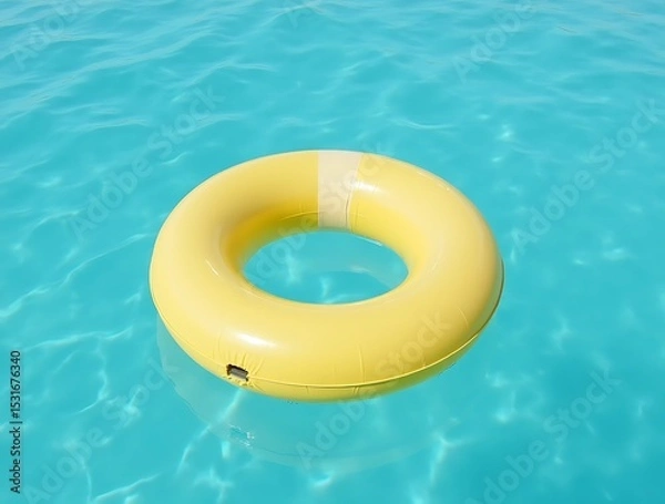 Fototapeta Yellow inflatable ring floating in a blue swimming pool on a sunny day time