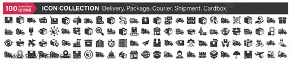Fototapeta Big icons collection. Containing Delivery, Package, Courier, Shipment, Cardbox. Glyph solid style series icon