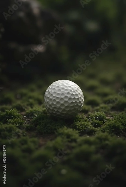 Fototapeta Golf ball resting on the green grass field close up with blurred background