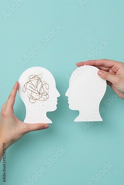 Fototapeta Understanding mental health concept with head shapes and tangled line art work