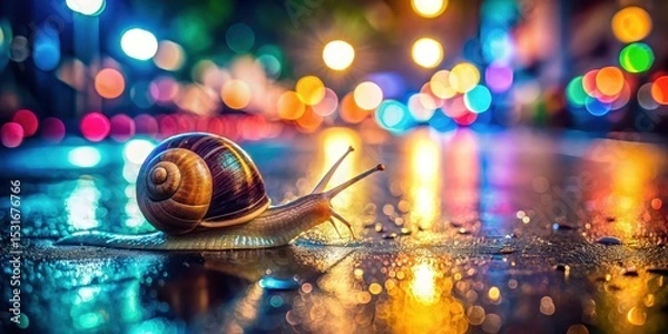 Obraz A nocturnal gastropod's journey through vibrant city lights reflected on a wet surface