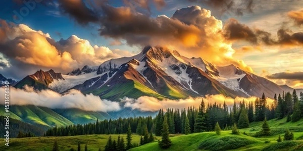 Obraz Majestic Mountain Peak Bathed in Golden Sunset Light, Surrounded by Lush Green Valley and Evergreen Forest