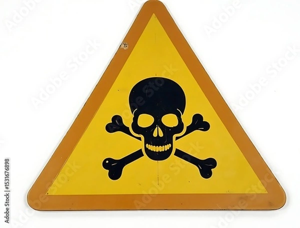 Fototapeta Yellow triangular danger sign with skull and crossbones warning symbol here