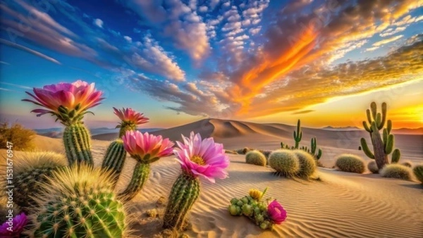 Obraz Vibrant Desert Bloom at Sunset A breathtaking panorama of flowering cacti against a backdrop of majestic sand dunes and a fiery, colorful sky, showcasing the beauty of desert flora at golden hour.