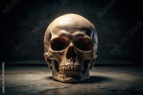 Obraz A Solitary Human Skull Rests on a Dark Surface, Illuminated by a Subtle Light Source, Evoking a Sense of Mystery and Mortality