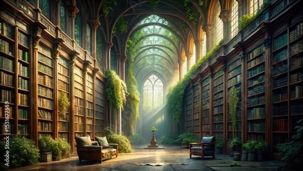 Obraz Serene Enchantment A Sunlit Hall of Ancient Books, Overgrown with Lush Greenery, Offering Tranquil Contemplation