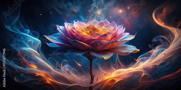 Obraz A luminous blossom, ablaze with inner fire, gracefully emerges from swirling, ethereal smoke and light