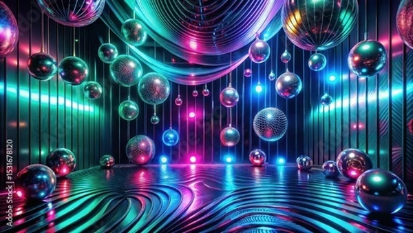 Obraz Disco Ball Celebration A Futuristic Setting with Vibrant Neon Lighting and Reflective Spheres