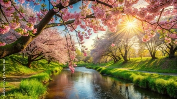 Obraz Serene Springtime Riverbank with Blossoming Cherry Trees Bathed in Golden Sunlight