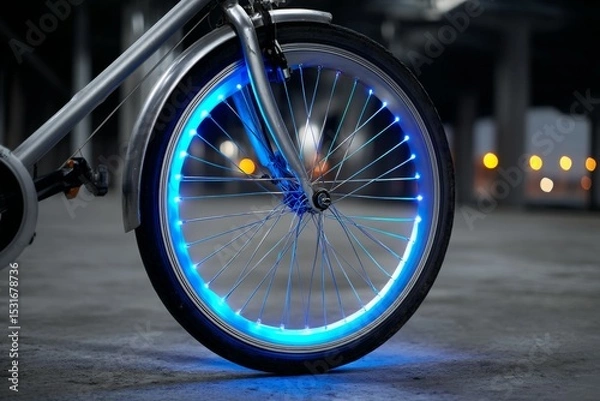 Fototapeta Close-up of bicycle wheel with vibrant blue led lights in urban setting