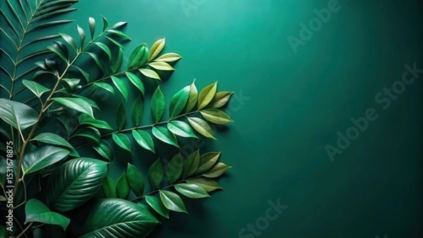 Obraz Lush Green Foliage Arranged Against a Deep Emerald Background, Ideal for Nature-Inspired Designs and Projects that Emphasize Botanical Beauty and Tranquility