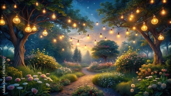 Obraz Enchanted Evening Garden Path Illuminated by Fairy Lights A Serene Landscape Featuring Blooming Flowers and Winding Pathway