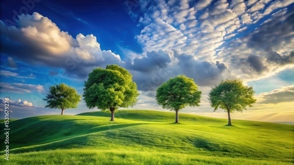 Obraz Serene Rolling Hills Landscape Featuring Four Lush Green Trees Under a Dramatic Sky