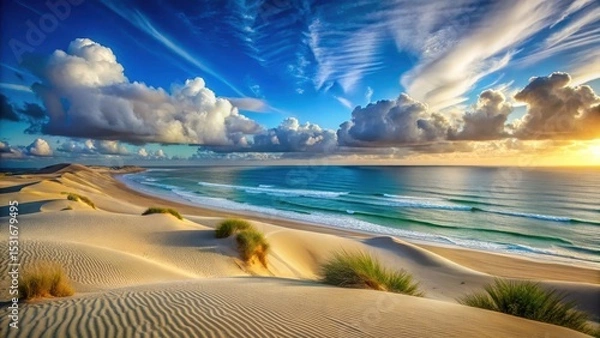 Obraz Golden Sands Meet Azure Waves A Breathtaking Coastal Dune Landscape at Sunset