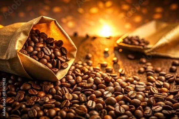 Obraz Roasted Coffee Beans Pouring From Paper Sack, Golden Hour Lighting, Aromatic Beverage, Rich and Dark Brown, Close-up View