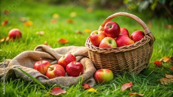 Obraz A wicker basket brimming with ripe, red apples rests on a soft burlap cloth in a verdant meadow, surrounded by fallen autumn leaves and additional apples scattered nearby.