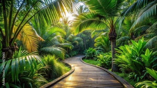 Obraz Serene Tropical Pathway A Winding Wooden Walkway Through Lush Palm Trees and Vibrant Foliage Under the Warm Morning Sun