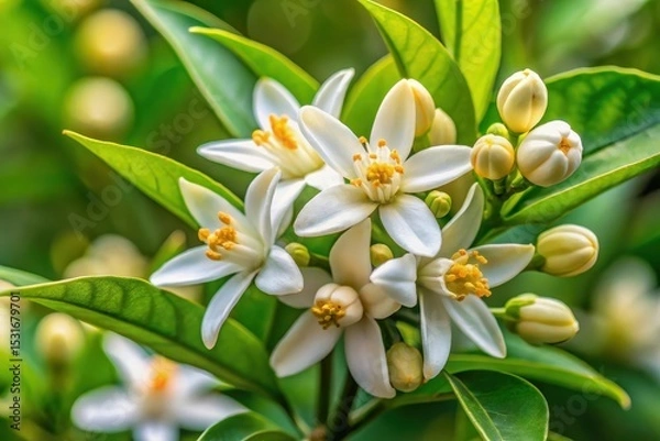 Obraz Delicate White Blossoms of a Citrus Tree Branch with Vibrant Green Foliage in Close-Up View