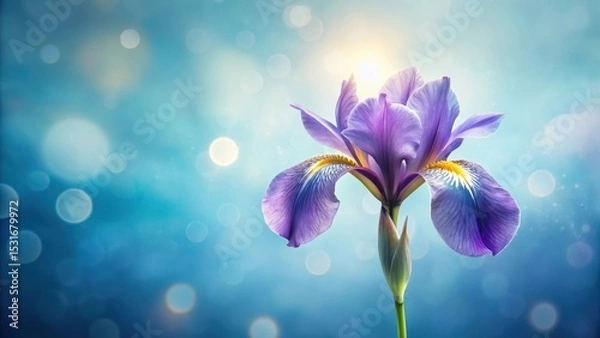 Obraz A Single Delicate Purple Iris Blossom Against a Soft Blue Bokeh Background