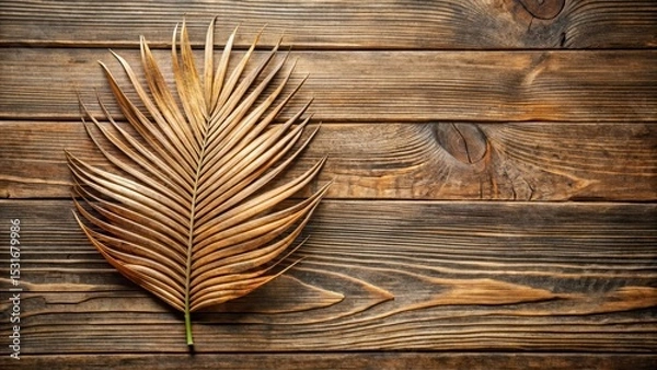 Obraz Single Dried Palm Leaf on Rustic Wooden Surface A Textured Background Image