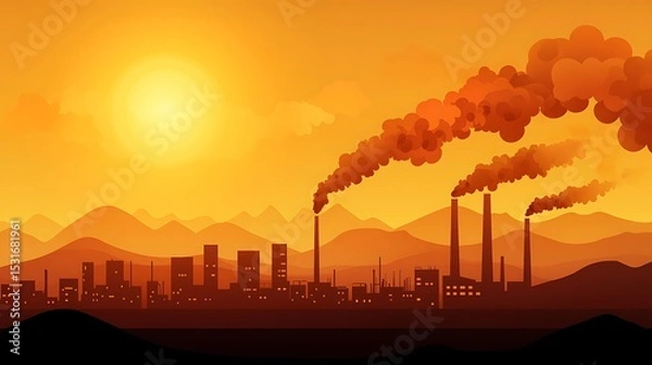 Obraz Industrial Skyline at Sunset with Smokestacks and Mountain Horizon Environmental Impact Carbon Recycling Factories Cityscape