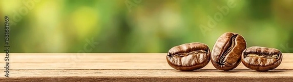 Obraz Fresh Coffee Beans on Wooden Table with Green Background mood vibe subtle