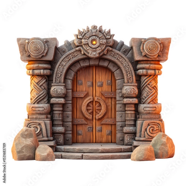 Obraz Ancient Stone Doorway With Intricate Carvings And Wooden Entrance Surrounded By Boulder Formation