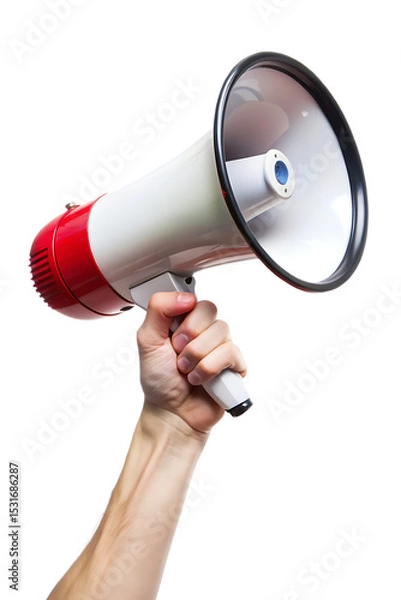 Fototapeta Hand holding red and white megaphone isolated on a white background png generated ai