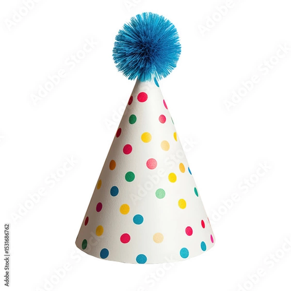 Fototapeta Party hat with colorful polka dots and a blue pom-pom.