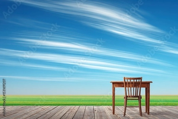 Fototapeta Open Air Workspace on Wooden Patio with Panoramic View of Blue Sky and Green Field