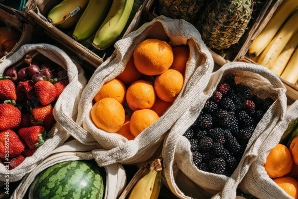 Fototapeta Overhead View of Vivid Fruits in Reusable Fabric Bags at a Market Display