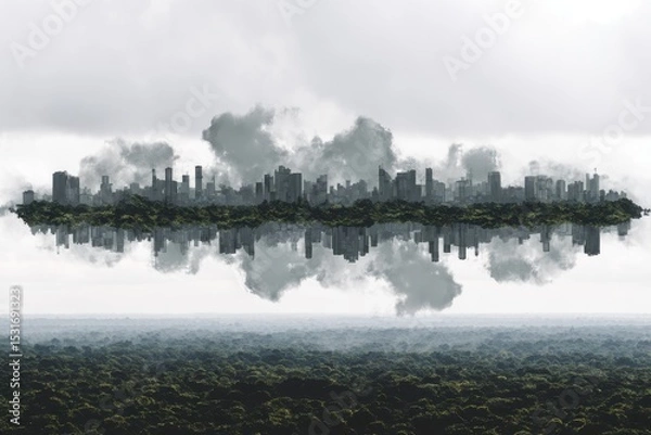 Fototapeta Urban skyline merging into lush greenery, a breathtaking timelapse of nature and city contrast