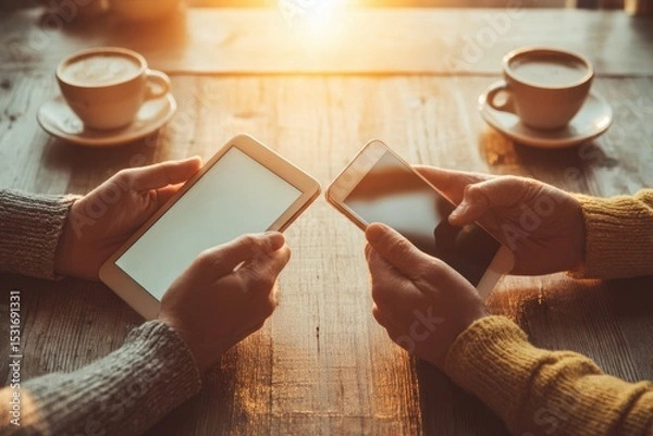 Fototapeta Cozy Coffee Shop Setting with Sun Flare and Two Hands Holding Digital Devices