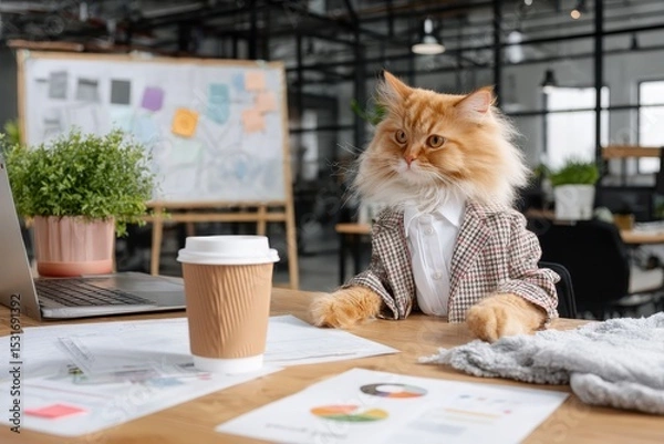 Fototapeta Clever Cat in Business Blazer Making Gestures at Office Desk with Coffee and Documents