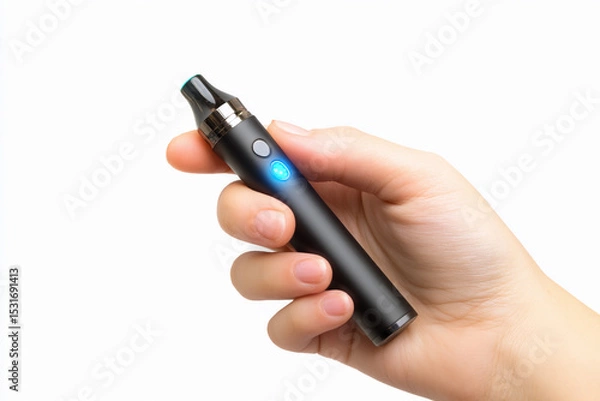 Fototapeta Person holding a sleek black vape pen with illuminated button