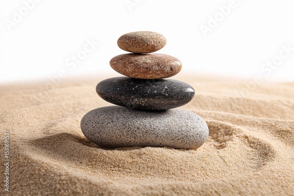 Fototapeta Stacked stones create a tranquil display on sandy surface