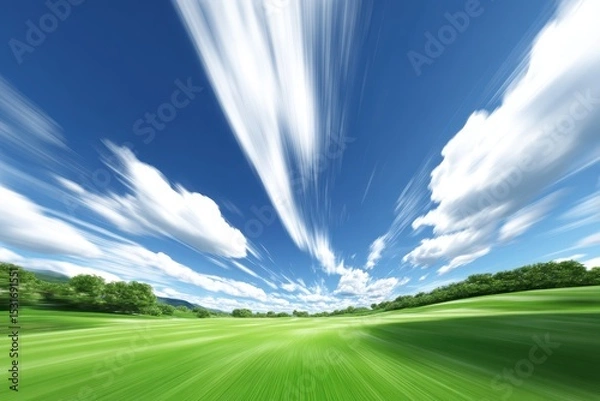 Fototapeta Dynamic Timelapse of Abstract Sky and Landscape with Greenery and Dramatic Cloud Patterns