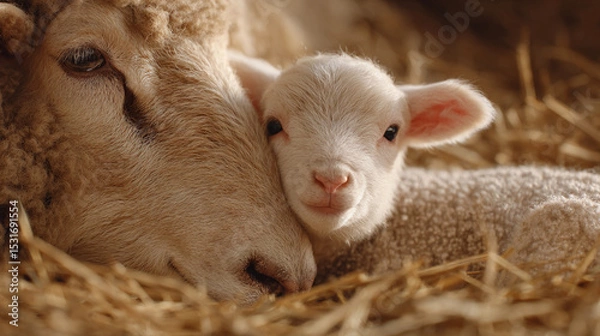 Fototapeta Mother sheep and her lamb resting together in cozy straw bedding