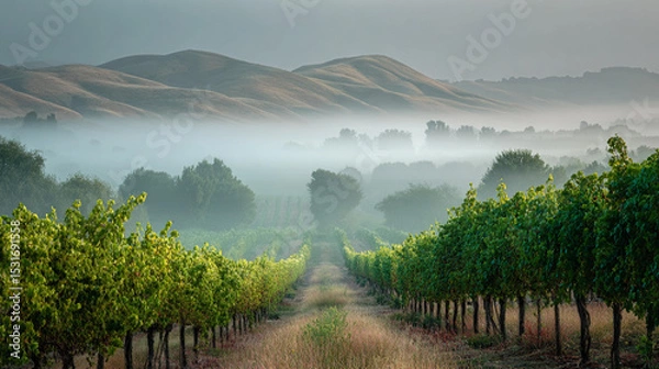 Fototapeta Vineyard landscape in morning fog with rolling hills and greenery