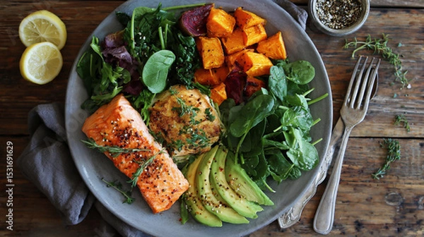 Fototapeta Healthy dinner plate with salmon, greens, and roasted vegetables