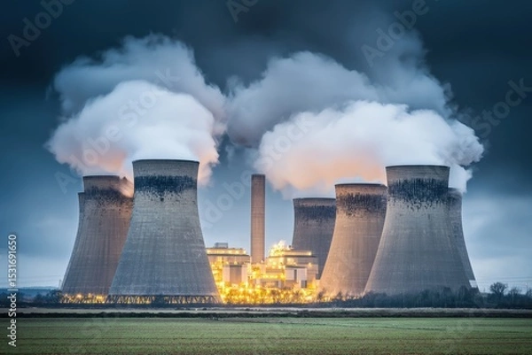 Fototapeta Dramatic Evening Scene of Coal Fired Power Station with Steam and Glow of Lights