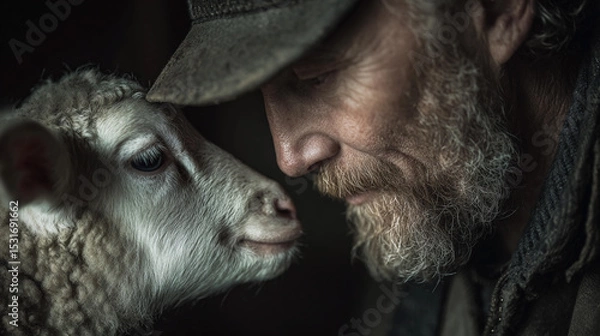 Fototapeta Man and lamb share a moment in an intimate rural setting