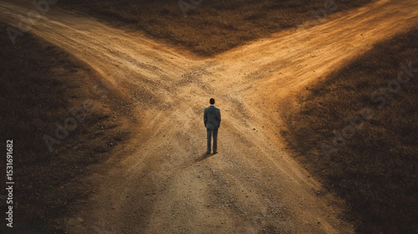 Fototapeta Individual stands at a crossroads in a rural setting during sunset