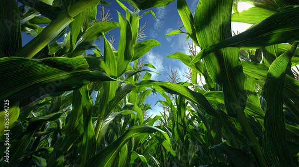 Fototapeta Cornfield view under clear blue sky in bright daylight