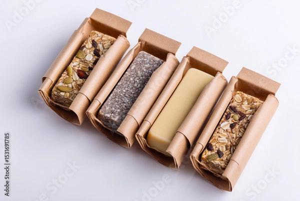 Fototapeta Delicious nut bars wrapped in eco-friendly packaging on display